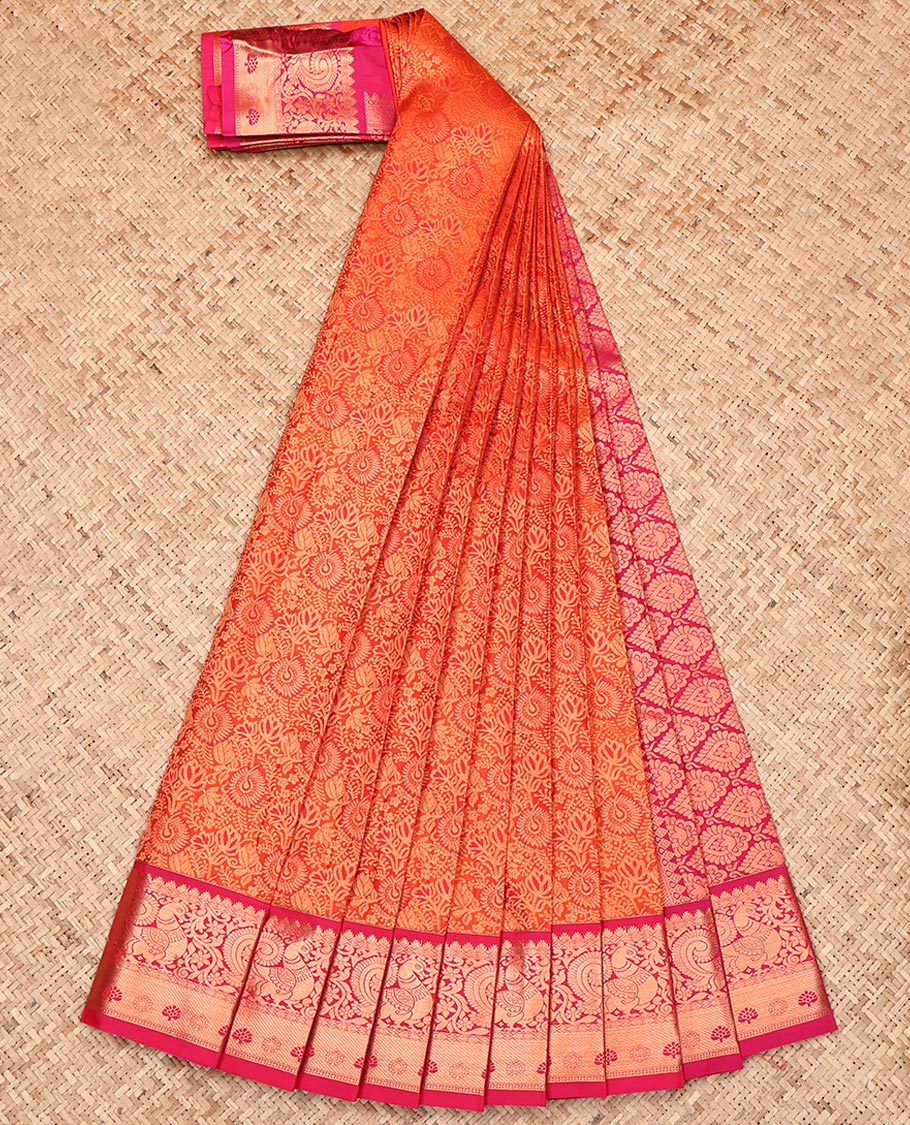 Orange Budget Silk Saree, Delicately Woven with Jacquard Design, Complemented by a Contrast Peacock Zari Border, Grand Pallu, and a Contrast Blouse