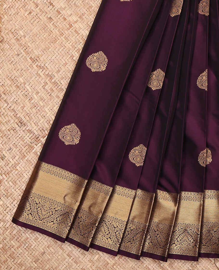 Purple Budget Silk Saree, Ornamented with Zari Buttas, Highlighted by a Traditional Zari Border, Jaal Pallu, and Matching Blouse
