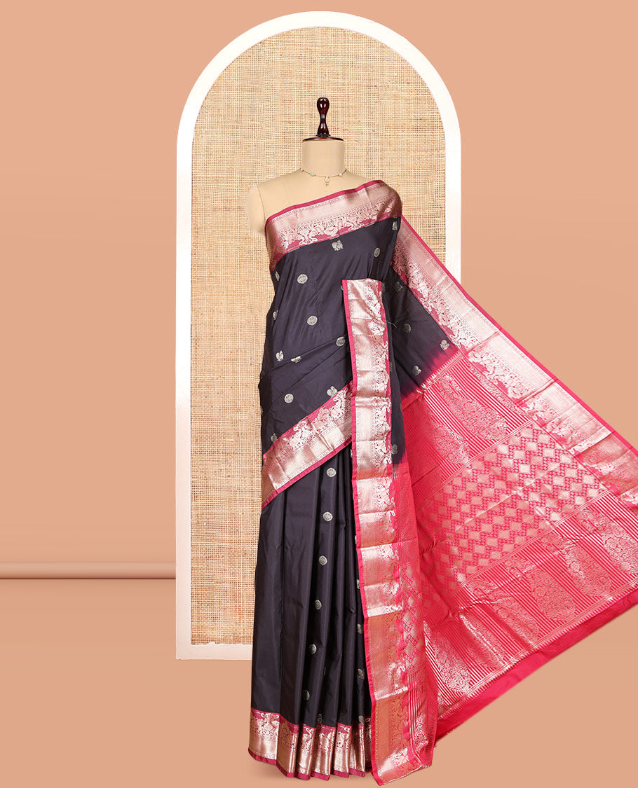 Black Budget Silk Saree, Adorned with Peacock-Chakram Buttas, Complemented by a Contrast Traditional Border, Pallu of Jaal and Paisleys, and a Contrast Blouse