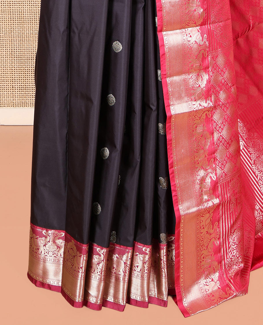 Black Budget Silk Saree, Adorned with Peacock-Chakram Buttas, Complemented by a Contrast Traditional Border, Pallu of Jaal and Paisleys, and a Contrast Blouse