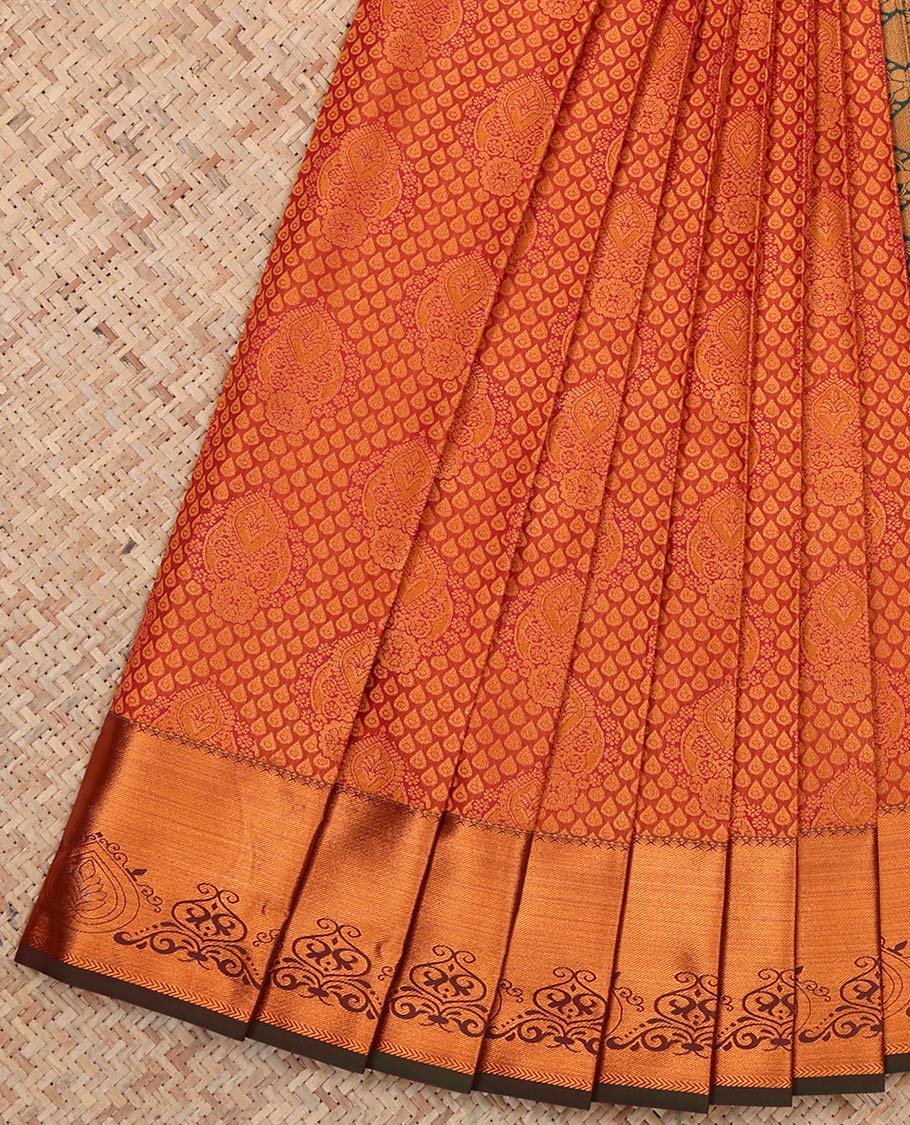 Orange Budget Silk Saree, Enlivened with Floral Zari Design, Complemented by Contrast Traditional Zari Border, a Grand Pallu and a Contrast Blouse