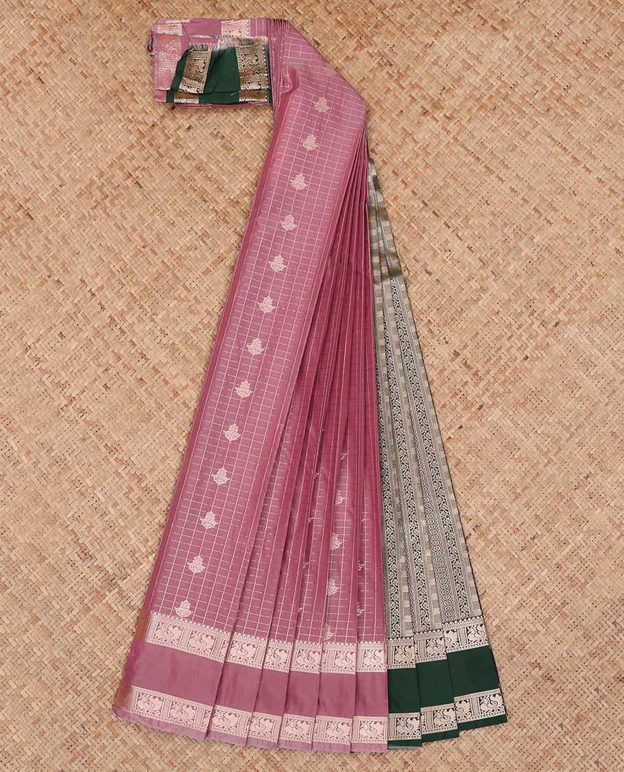 Onion Pink Budget Silk Saree, Embellished with Zari Buttas and Checks, Highlighted by Traditional Zari Rettai Pettu Border, Contrast Grand Pallu, and a Contrast Blouse