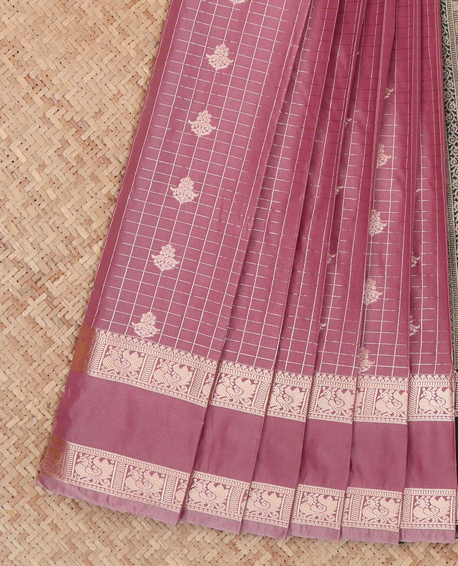 Onion Pink Budget Silk Saree, Embellished with Zari Buttas and Checks, Highlighted by Traditional Zari Rettai Pettu Border, Contrast Grand Pallu, and a Contrast Blouse