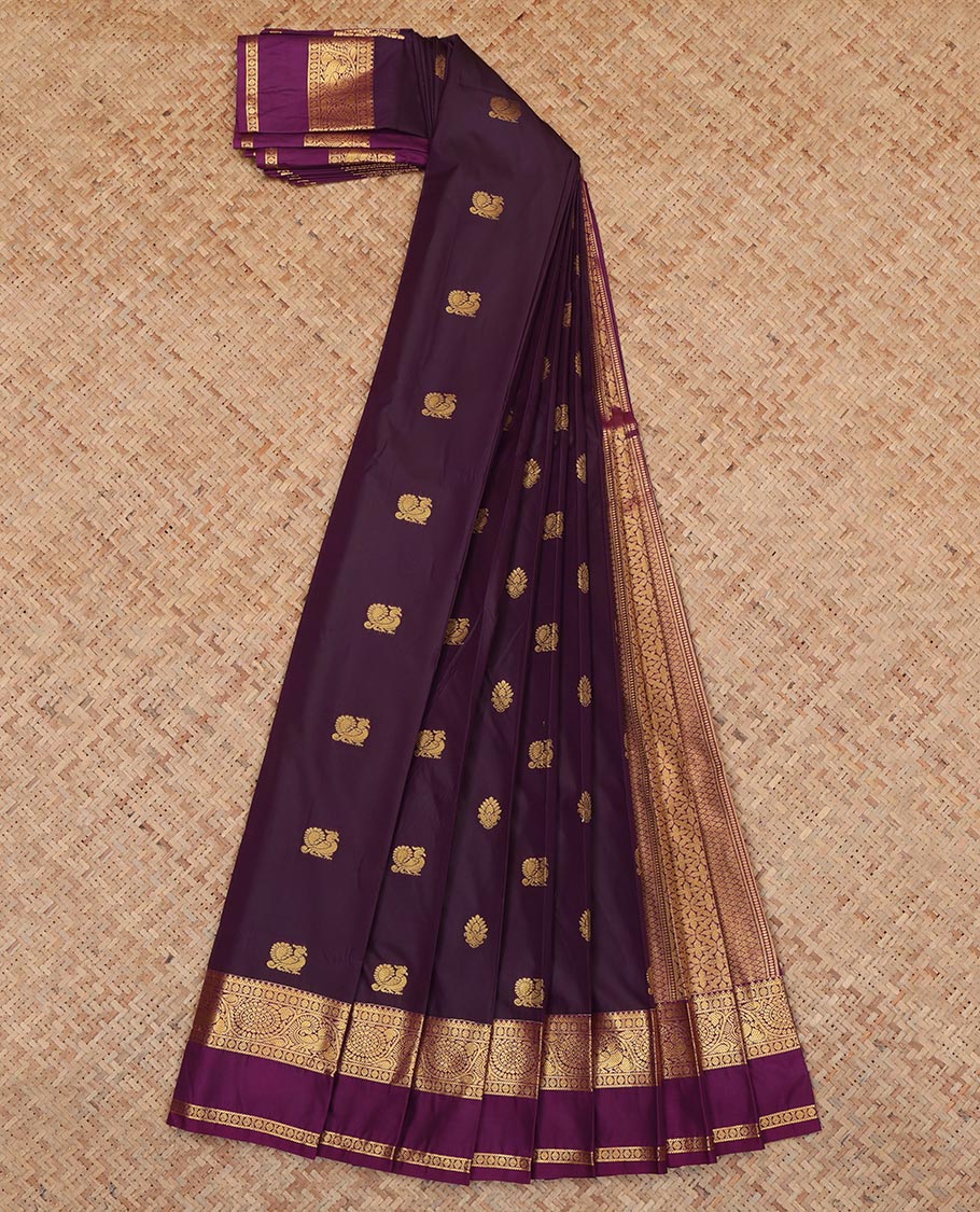 Wine Budget Silk Saree, Enlivened with Peacock-Floral Buttas, a Contrast Traditional Zari Rettai Pettu Border, a Jaal Pallu and a Contrast Blouse