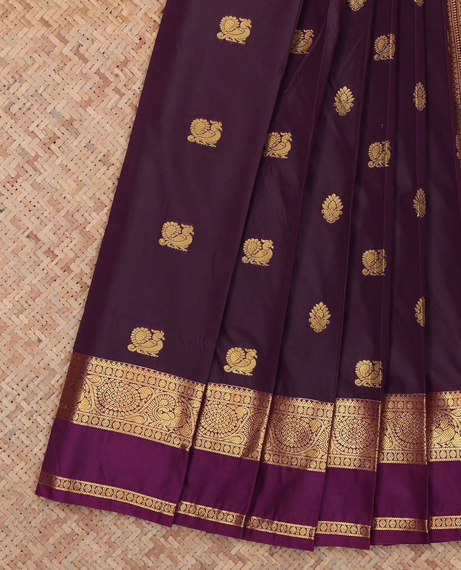 Wine Budget Silk Saree, Enlivened with Peacock-Floral Buttas, a Contrast Traditional Zari Rettai Pettu Border, a Jaal Pallu and a Contrast Blouse