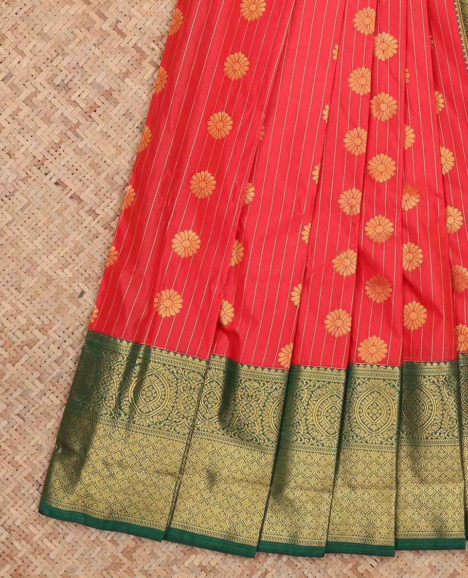 Red Budget Silk Saree, Delicately Woven Zari Buttas and Stripes, Complemented by Contrast Traditional Zari Border, a Jaal Pallu and a Contrast Blouse