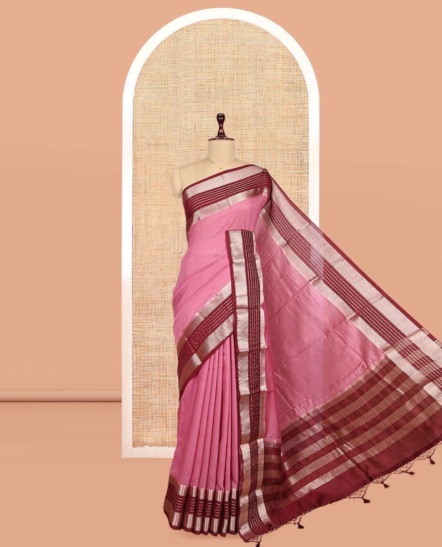 Pink Plain Assam Silk Saree, Complemented by Contrast Traditional Zari Border, Zari Woven Pallu, and Contrast Blouse