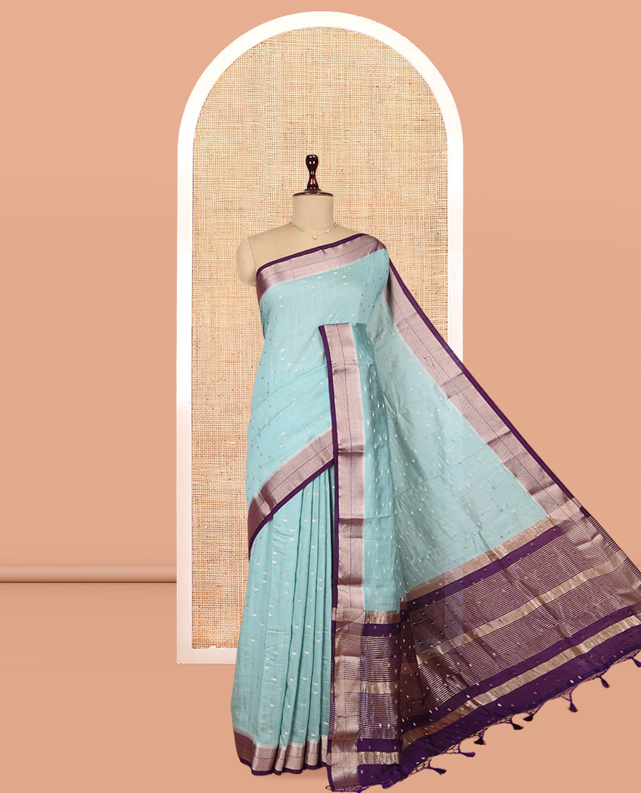 Blue Assam Silk Saree, Bedecked with Zari Buttas, Complemented by Contrast Zari Border, Zari Woven Pallu, and Contrast Blouse