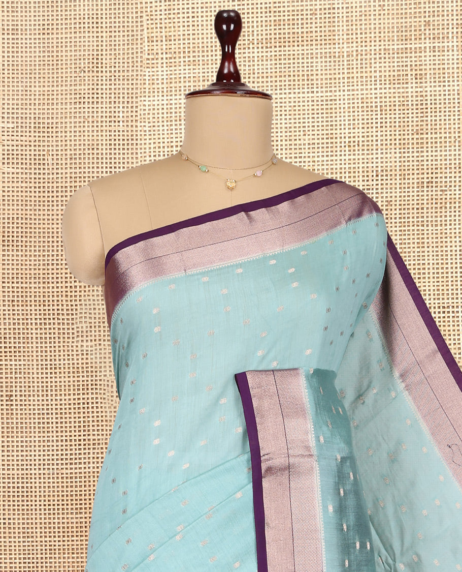 Blue Assam Silk Saree, Bedecked with Zari Buttas, Complemented by Contrast Zari Border, Zari Woven Pallu, and Contrast Blouse