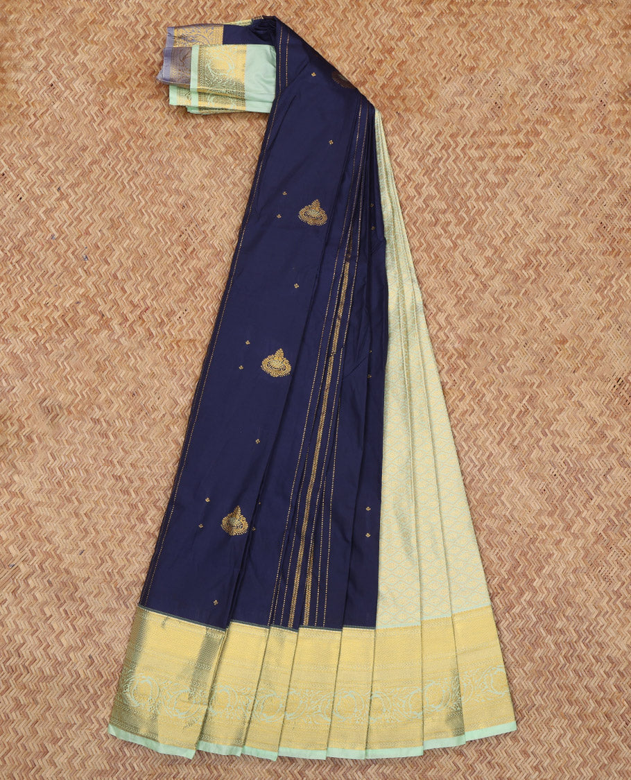 Navy Blue Budget Silk Saree, Accentuated with Zari Buttas and Stripes, Complemented by a Contrast Traditional Zari Border, Grand Jaal Pallu, and Contrast Blouse