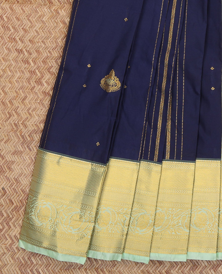 Navy Blue Budget Silk Saree, Accentuated with Zari Buttas and Stripes, Complemented by a Contrast Traditional Zari Border, Grand Jaal Pallu, and Contrast Blouse