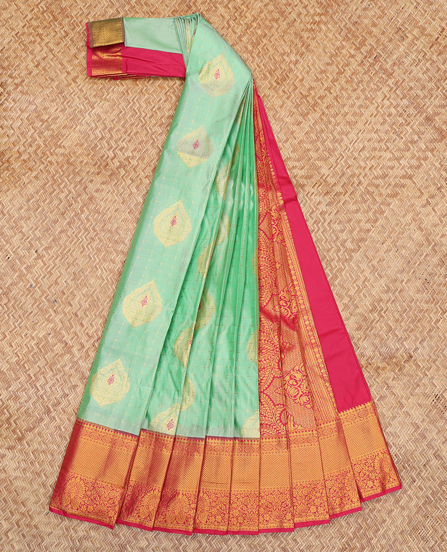 Turquoise Budget Silk Saree, Delicately Woven with Zari Buttas and Checks, a Contrast Traditional Zari Border, Grand Pallu, and a Contrast Blouse