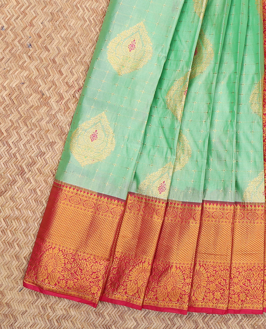 Turquoise Budget Silk Saree, Delicately Woven with Zari Buttas and Checks, a Contrast Traditional Zari Border, Grand Pallu, and a Contrast Blouse