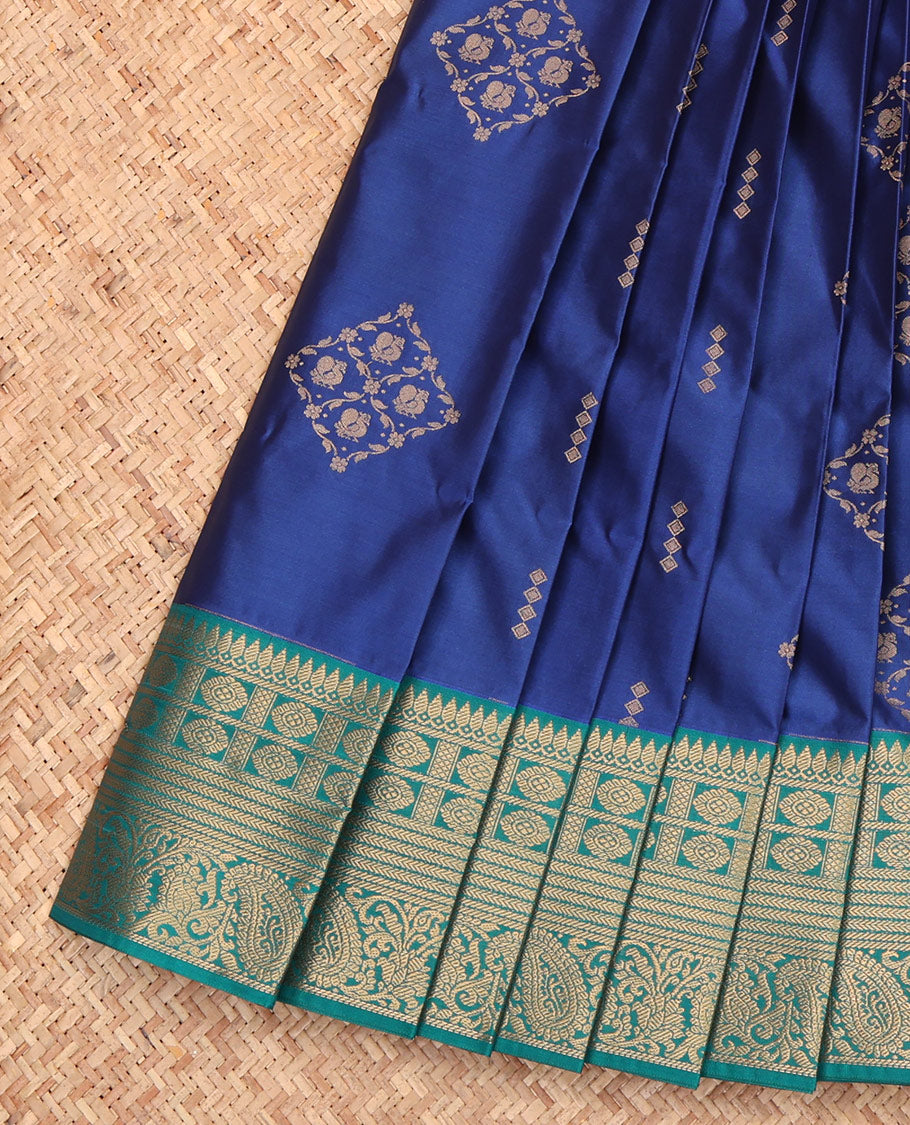 Blue Budget Silk Saree, Delicately Woven with Zari Buttas, a Contrast Traditional Zari Border, Intricate Pallu, and a Contrast Blouse
