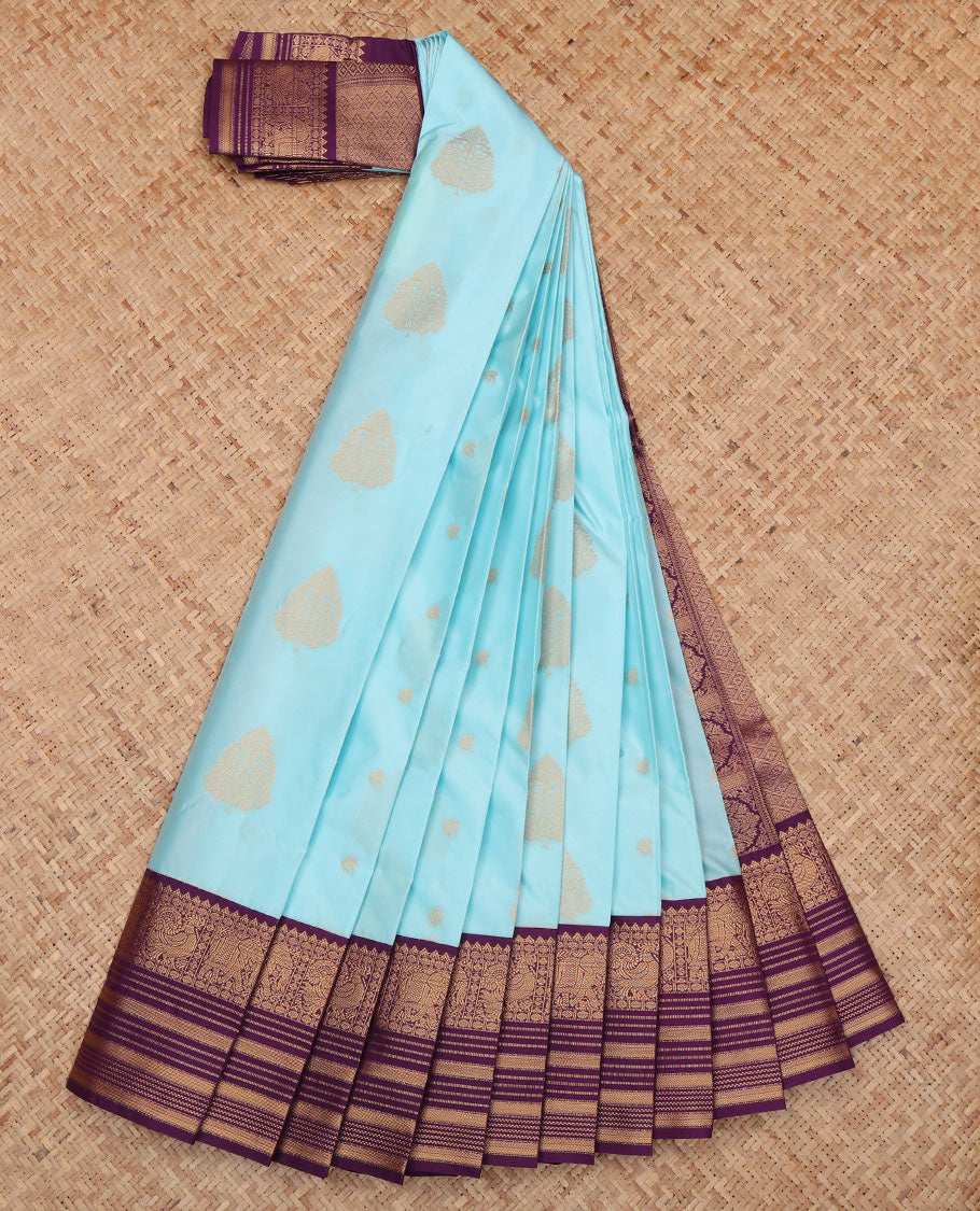 Sky Blue Budget Silk Saree, Bedecked with Zari Buttas, a Contrast Traditional Zari Border, Grand Pallu, and a Contrast Blouse