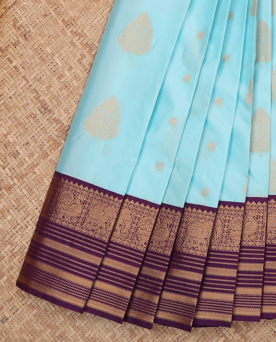 Sky Blue Budget Silk Saree, Bedecked with Zari Buttas, a Contrast Traditional Zari Border, Grand Pallu, and a Contrast Blouse