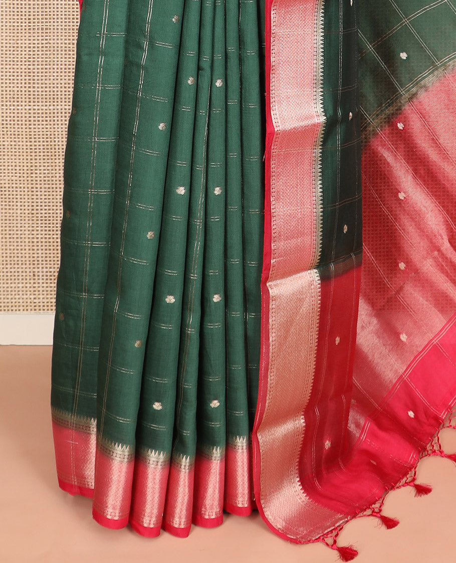 Green zari buttas and checked Assam silk saree, contrast traditional zari border, and pallu of zari designs