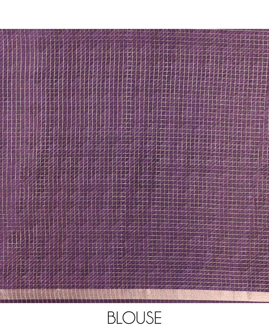 Purple Assam Silk Saree Graced with Micro-Checks and Floral Prints, Featuring a Simple Piping Border, Subtly Woven Pallu with Zari Stripes, Paired with a Matching Checked Blouse