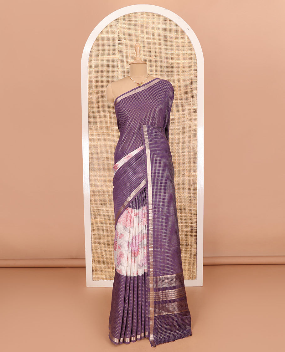 Purple Assam Silk Saree Graced with Micro-Checks and Floral Prints, Featuring a Simple Piping Border, Subtly Woven Pallu with Zari Stripes, Paired with a Matching Checked Blouse