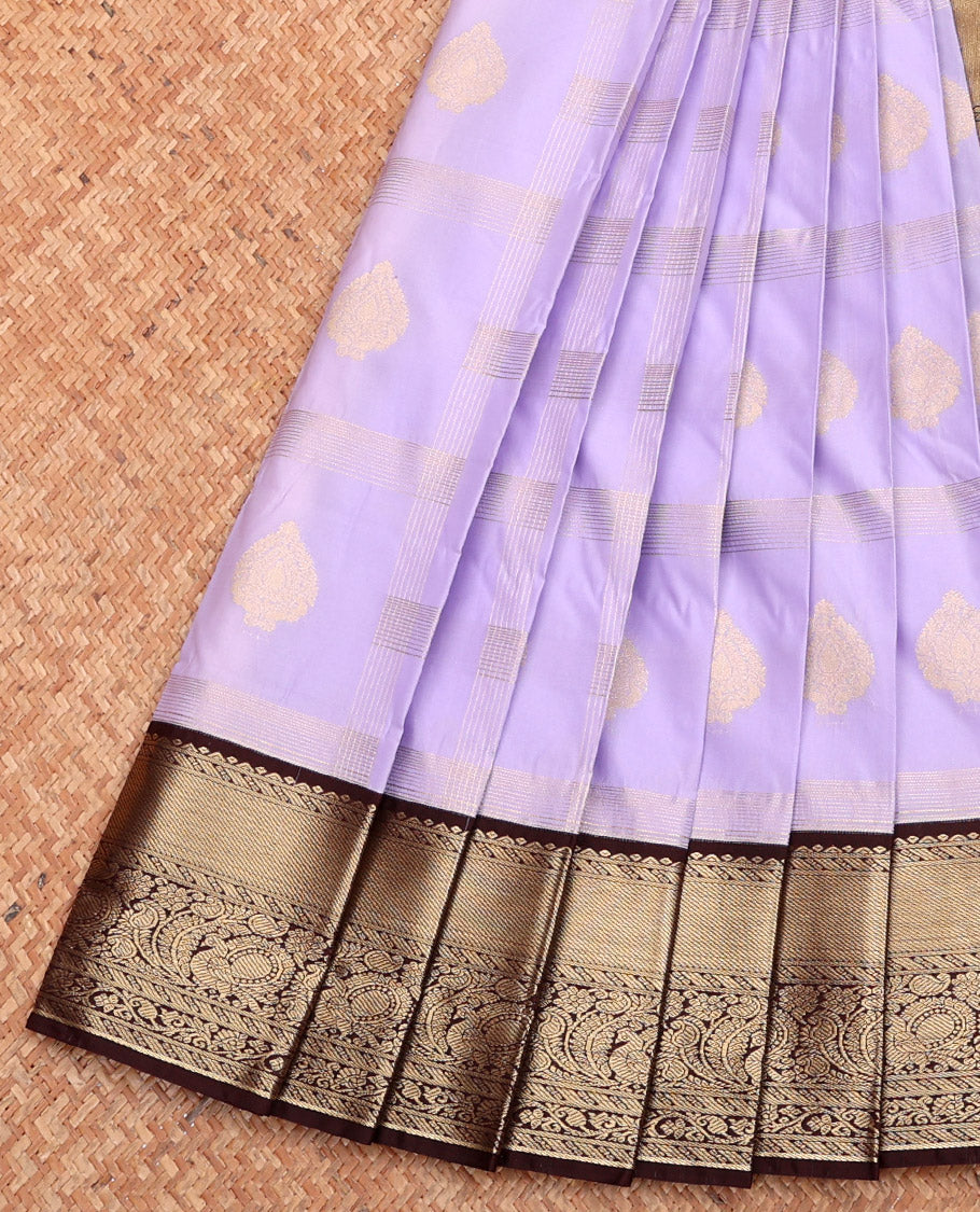 Lavender Budget Silk Saree, Sparsely Sparkled with Zari Butta Enclosed Checks, Complemented by a Contrast Traditional Zari Border, Grand Pallu, and Contrast Blouse