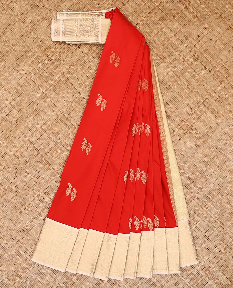 Red paisley zari buttas gift saree, contrast traditional zari design border, and jaal design pallu