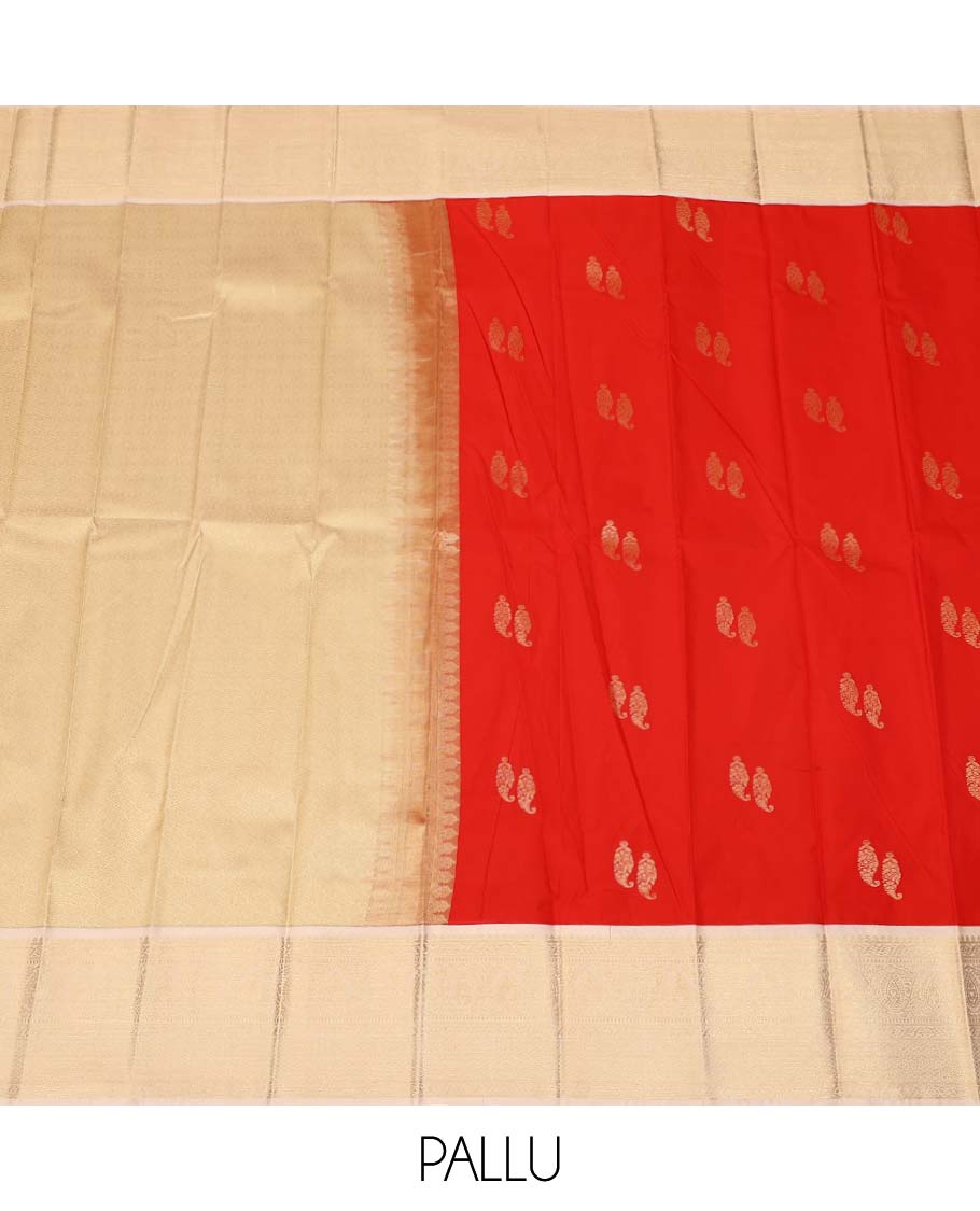 Red paisley zari buttas gift saree, contrast traditional zari design border, and jaal design pallu