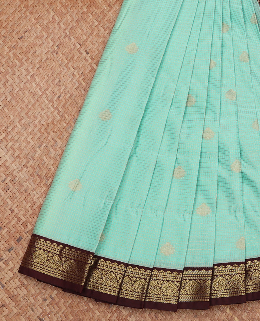 Turquoise Budget Silk Saree, Finely Crafted with Zari Buttas and Checks, Complemented by Contrast Traditional Zari Border, Jaal Pallu, and a Contrast Blouse