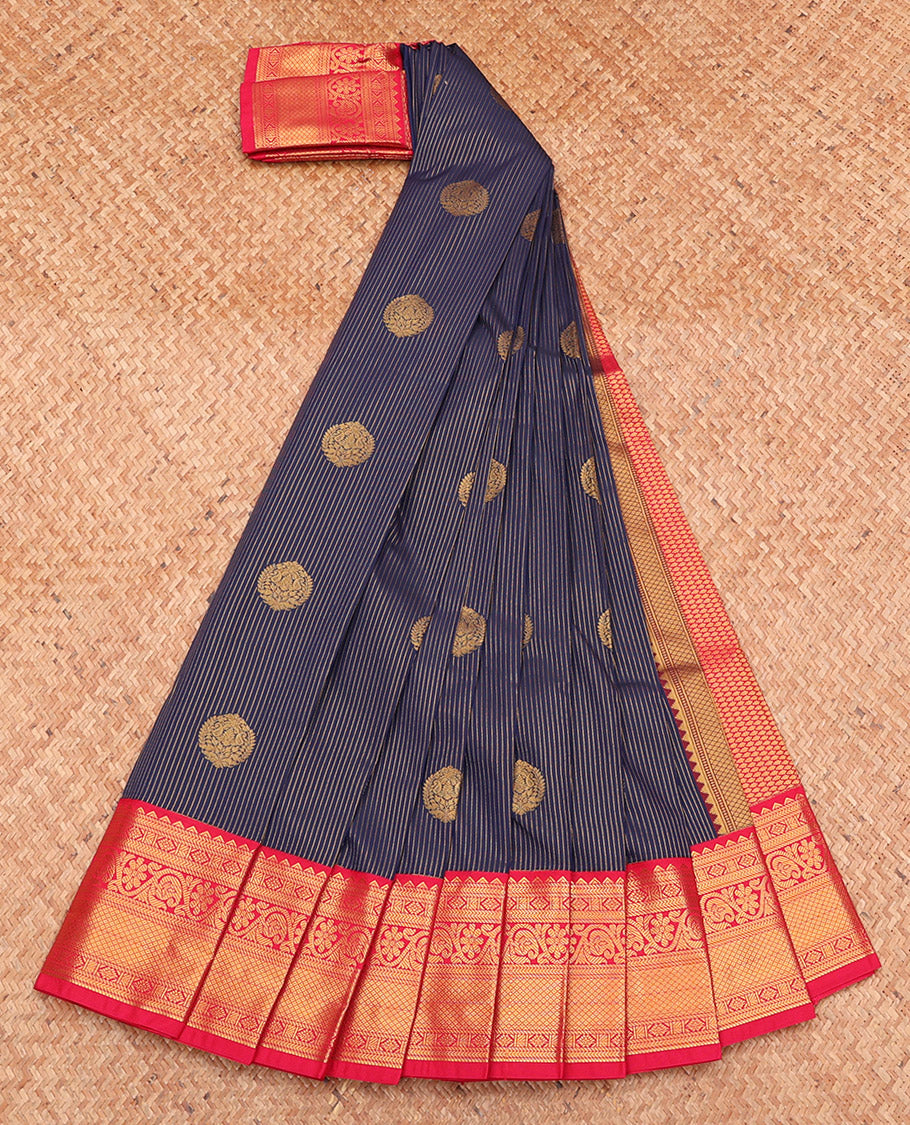 Blue Budget Silk Saree, Embellished with Zari Buttas and Stripes, Complemented by a Contrast Traditional Zari Border, Grand Pallu, and a Contrast Blouse