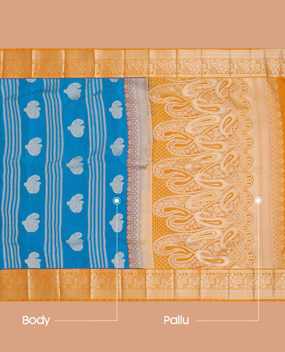 Azure Blue Budget Silk Saree Enriched with Paisley Buttas and Stripes All Over Its Body, Complemented by a Contrast Traditional Border of Floral Designs, Gracefully Embellished Pallu of Paisleys, and Paired with a Contrast Blouse