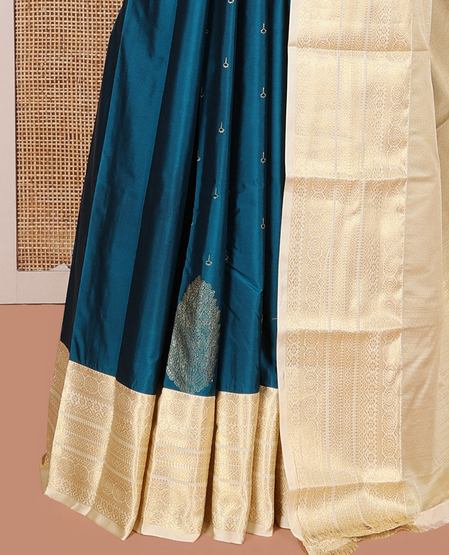 Blue Budget Silk Saree, Mesmerized with Zari Buttas on Its Body, Complemented by a Contrast Traditional Zari Design Border, Grandly Geometric Pallu, and Paired with a Contrast Blouse