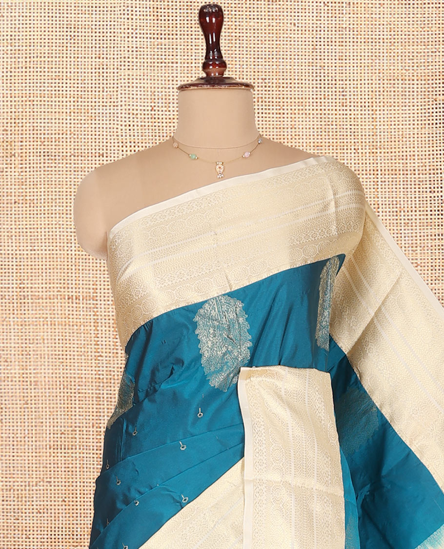 Blue Budget Silk Saree, Mesmerized with Zari Buttas on Its Body, Complemented by a Contrast Traditional Zari Design Border, Grandly Geometric Pallu, and Paired with a Contrast Blouse