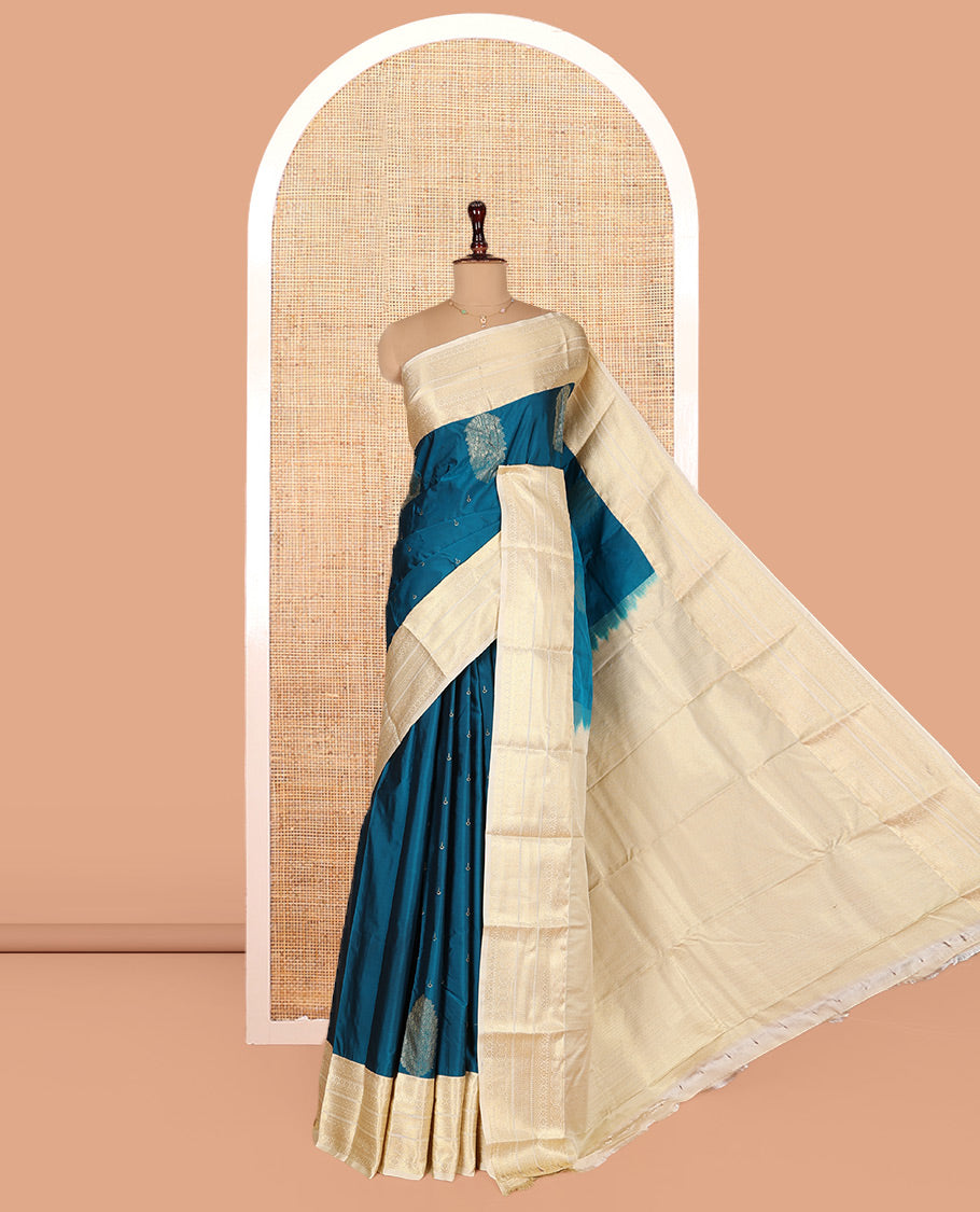 Blue Budget Silk Saree, Mesmerized with Zari Buttas on Its Body, Complemented by a Contrast Traditional Zari Design Border, Grandly Geometric Pallu, and Paired with a Contrast Blouse