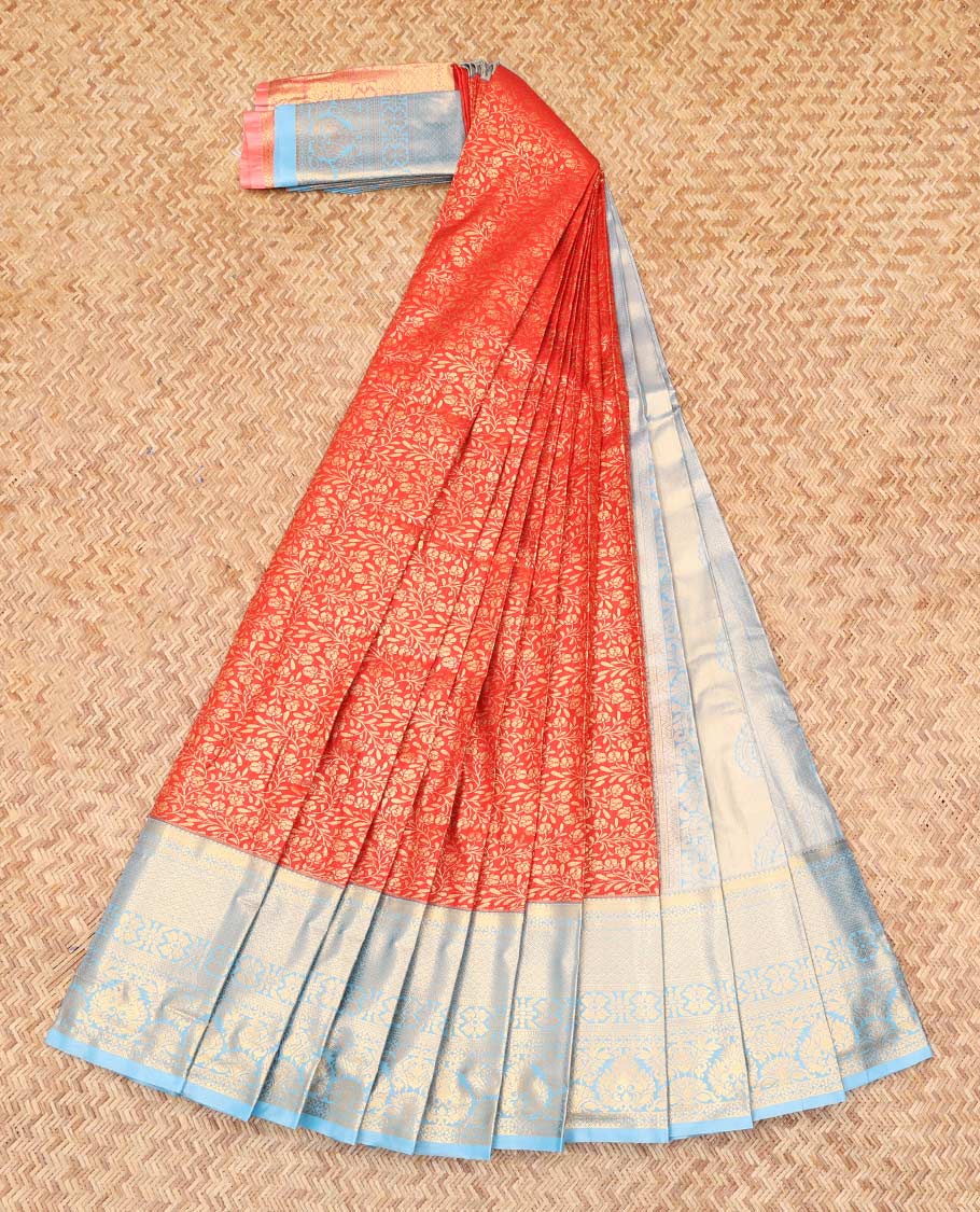 Red Budget Silk Saree, Spotlighted with Jacquard Design, Complemented by Contrast Traditional Zari Border, a Grand Pallu and a Contrast Blouse
