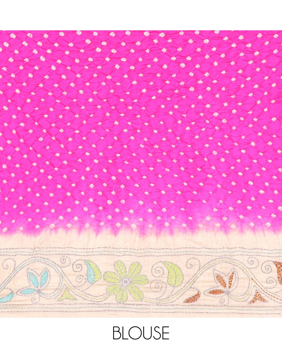 Rani pink bandhani dotted bandhani silk saree, contrast floral vine kantha embroidered border and colorful floral vine kantha embroidered pallu