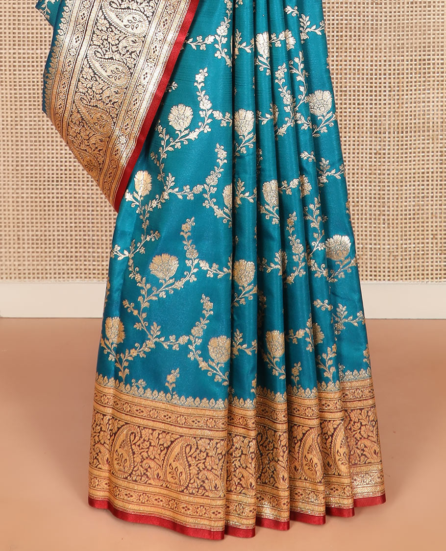 Blue floral jaal jacquard banarasi silk saree, contrast paisleys design border, and paisley patterned pallu