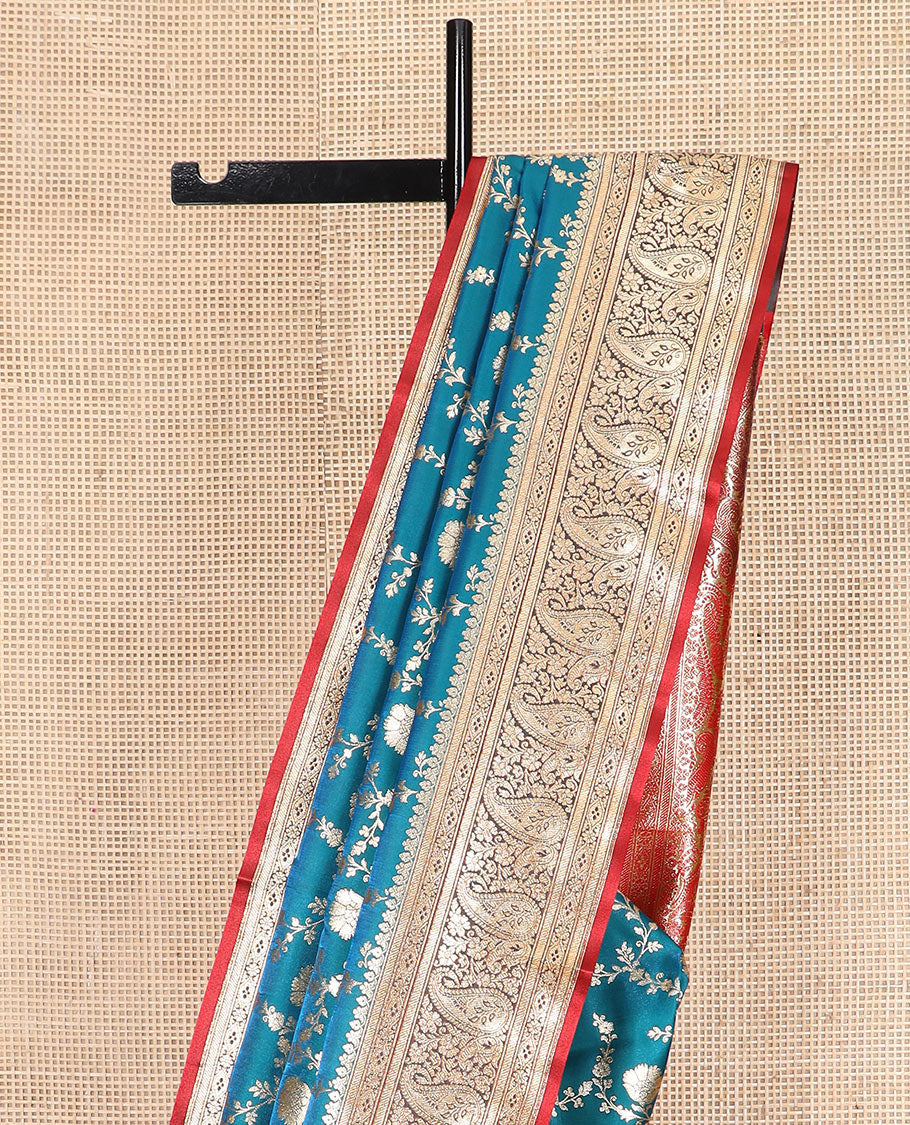 Blue floral jaal jacquard banarasi silk saree, contrast paisleys design border, and paisley patterned pallu