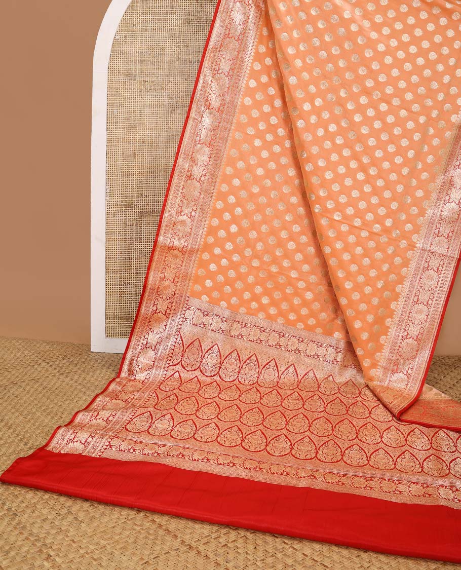 Peach floral buttas semi banaras nylon saree with contrast traditional zari design border & floral zari design pallu