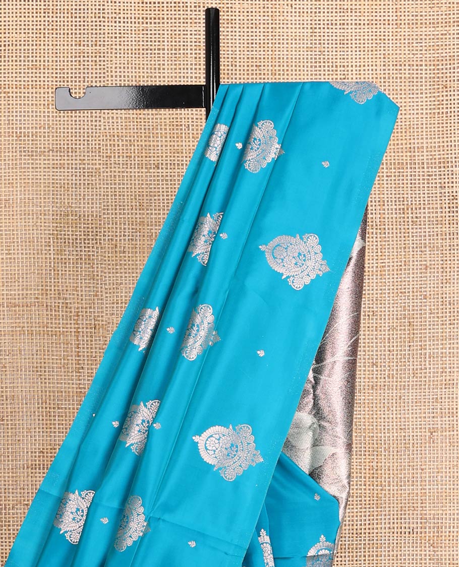Borderless blue zari buttas butter silk saree, contrast rose floral design weave pallu