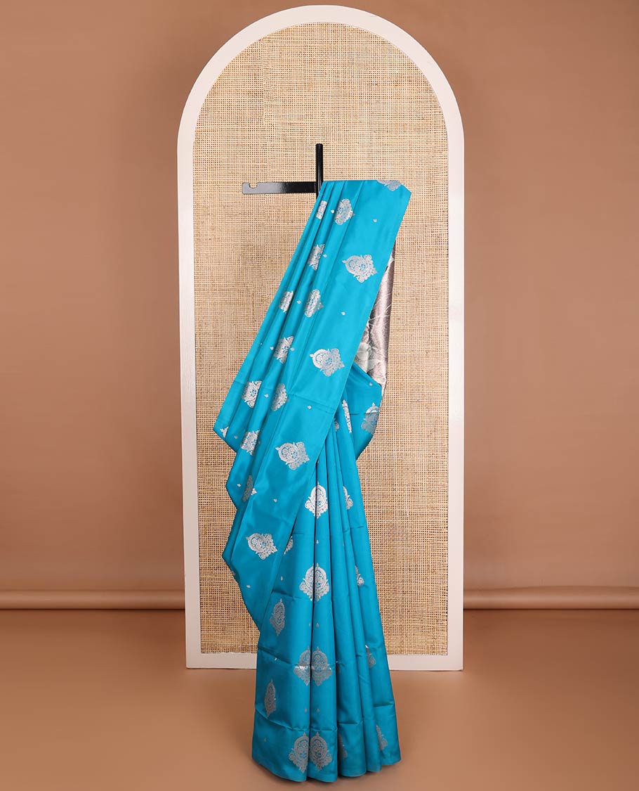 Borderless blue zari buttas butter silk saree, contrast rose floral design weave pallu