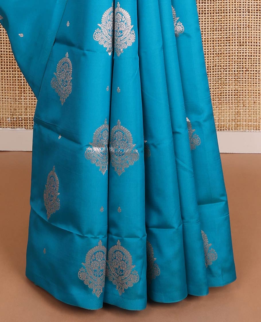 Borderless blue zari buttas butter silk saree, contrast rose floral design weave pallu