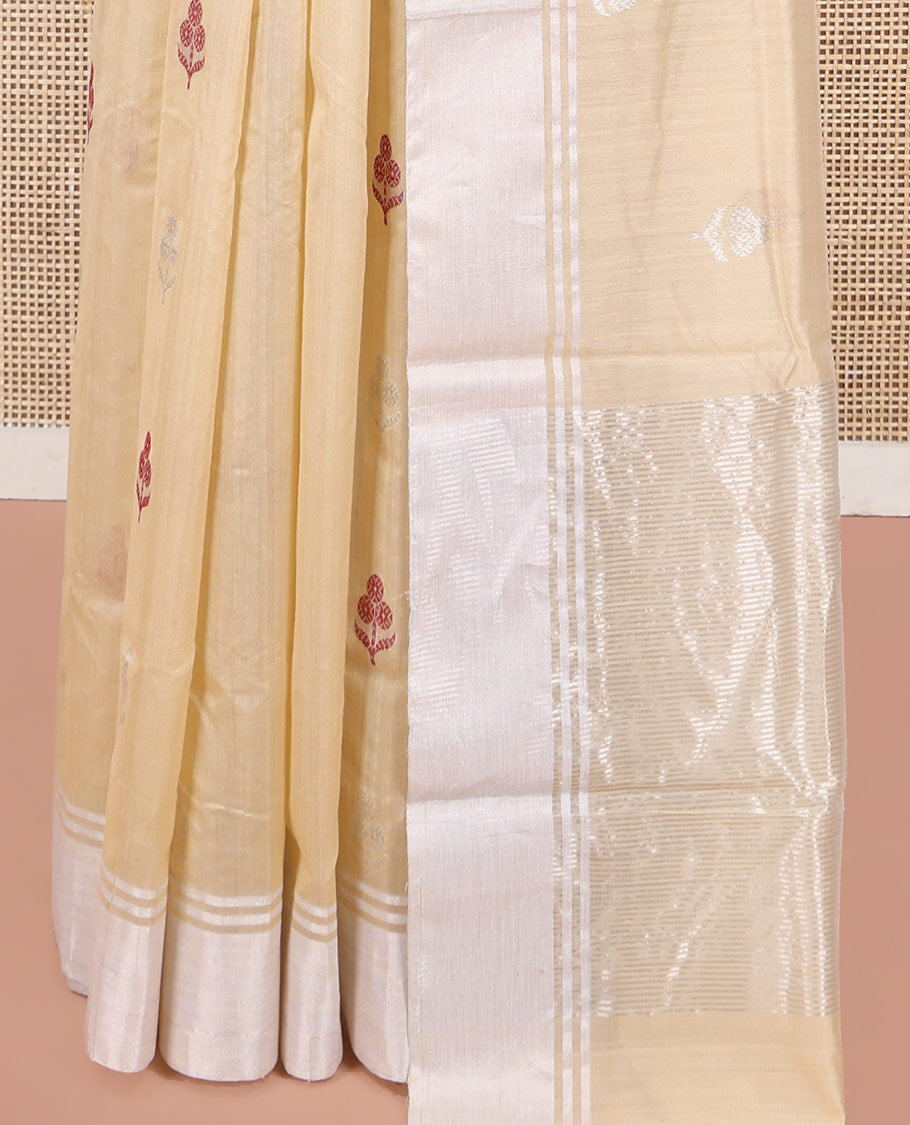 Sandal Chanderi Cotton Saree, Woven with Floral Buttas All Over Its Body, Highlighted by a Bavanji Border, Pallu Steeped with Zari Stripes, and Paired with a Matching Blouse