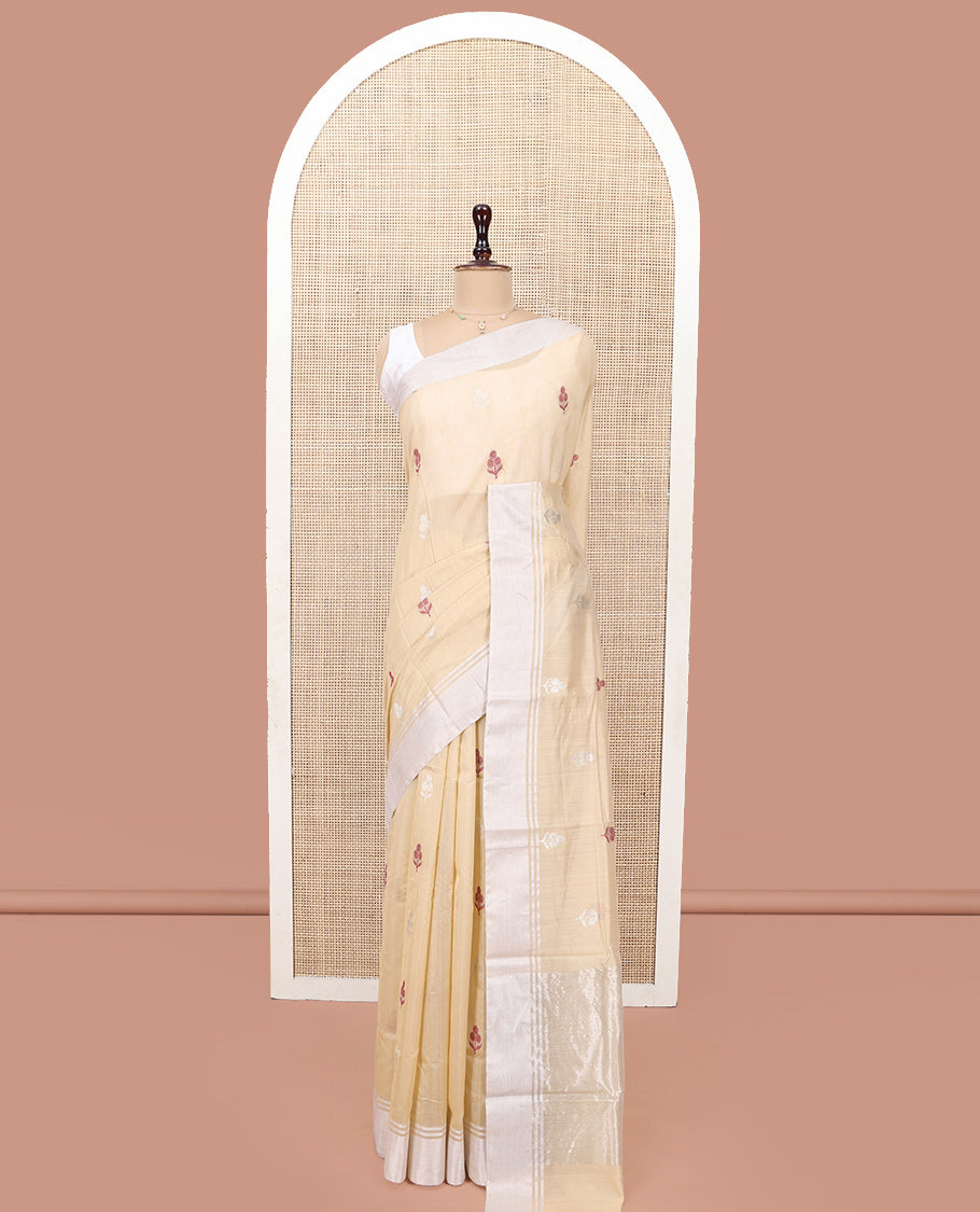 Sandal Chanderi Cotton Saree, Woven with Floral Buttas All Over Its Body, Highlighted by a Bavanji Border, Pallu Steeped with Zari Stripes, and Paired with a Matching Blouse