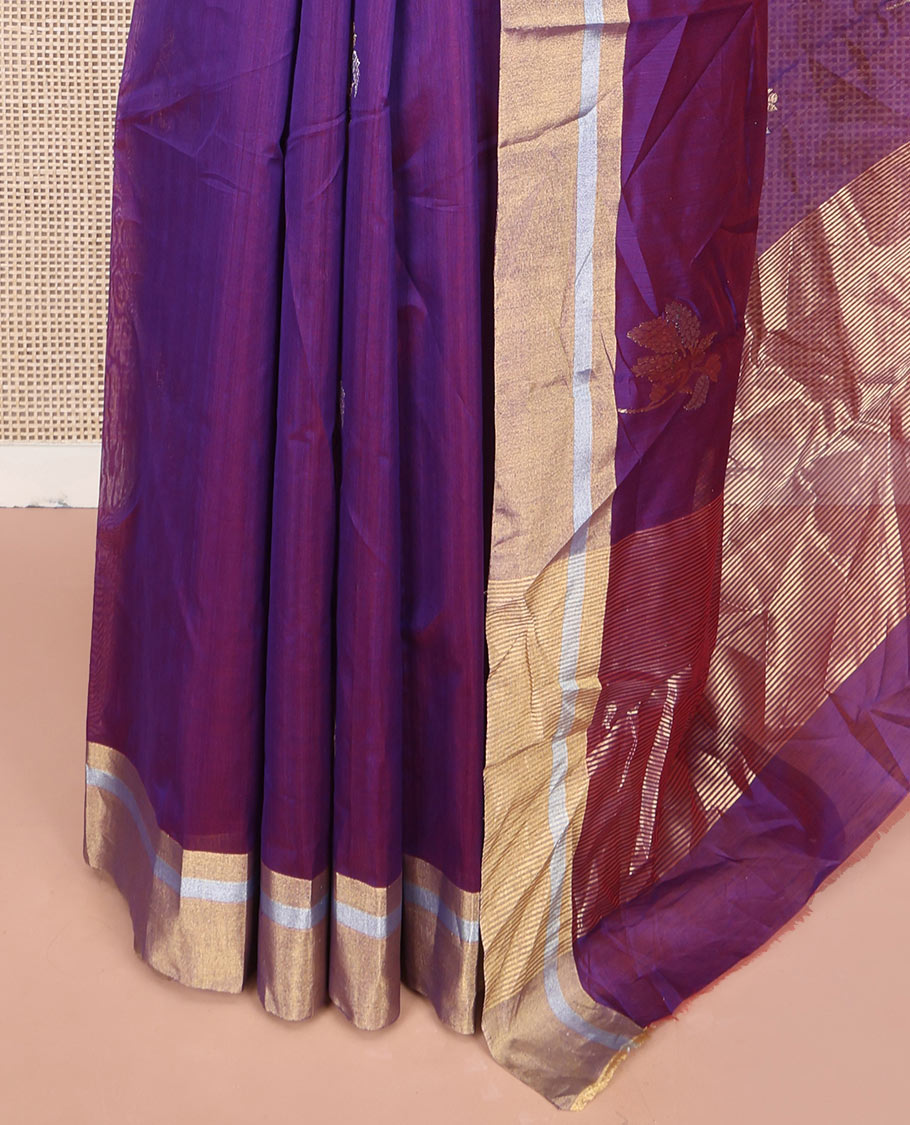 Violet Chanderi Cotton Saree, Bedecked with Floral Buttas All Over Its Body, Highlighted by Zari Border, Pallu of Zari Stripes, and Paired with a Matching Blouse
