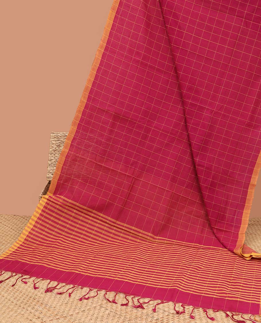 Maroon checked mangalagiri cotton saree with contrast striped border