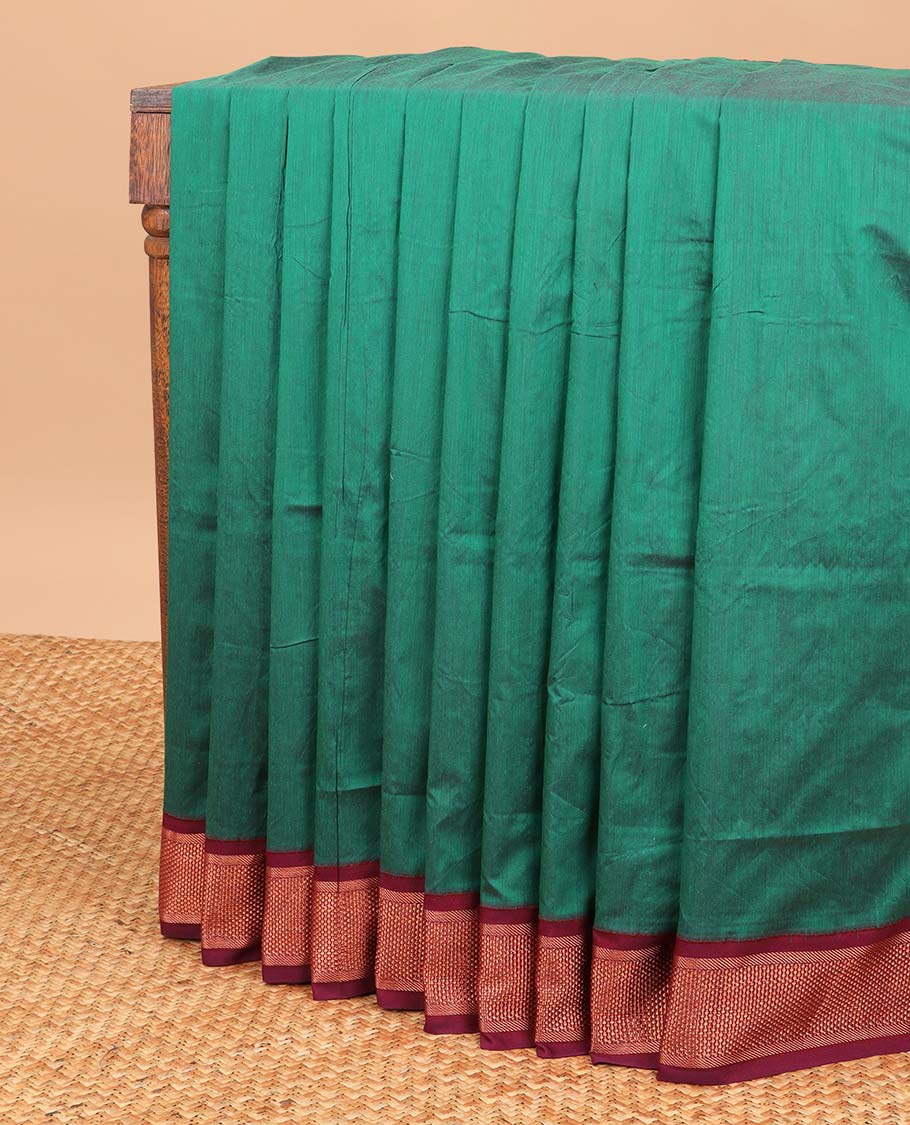 Green nine yards cotton saree with contrast checked design border & intricate zari design pallu