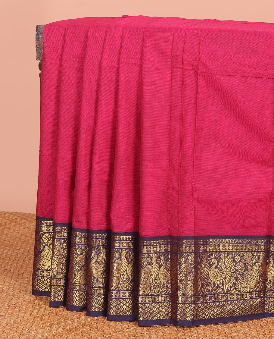 Red Plain Chettinad Cotton Saree, Complemented by a Contrast Traditional Zari Border of Peacock Designs, and a Pallu of Zari Stripes