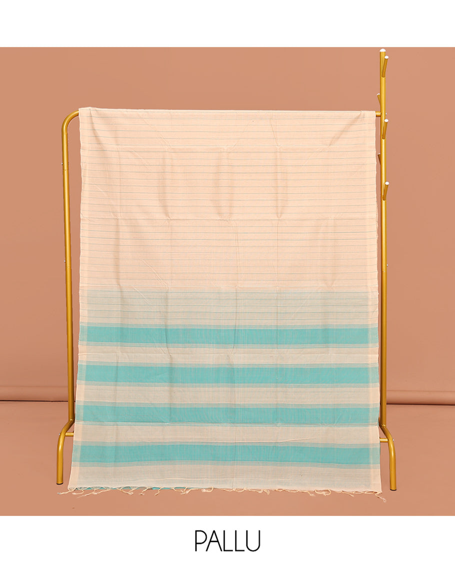 Borderless Light Sandal Striped Mangalgiri Cotton Saree, Complemented by Contrast Pallu and Paired with a Contrast Blouse