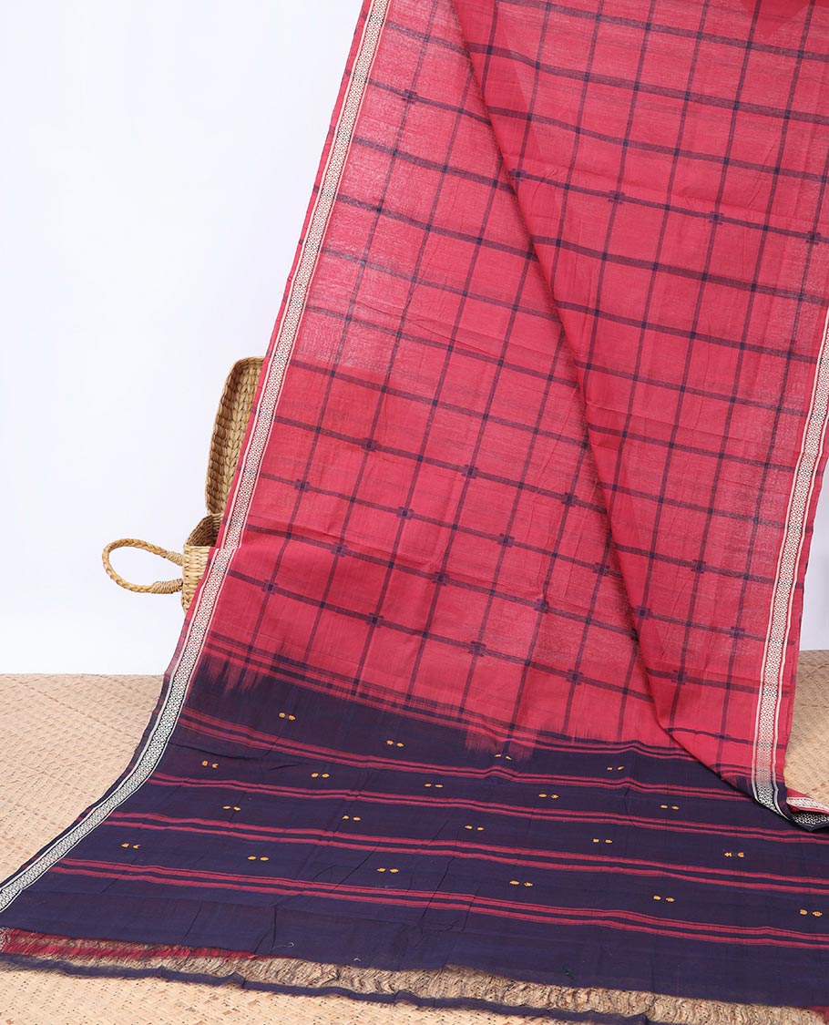 Red Checked Andhra cotton saree, unique design border & contrast striped pallu