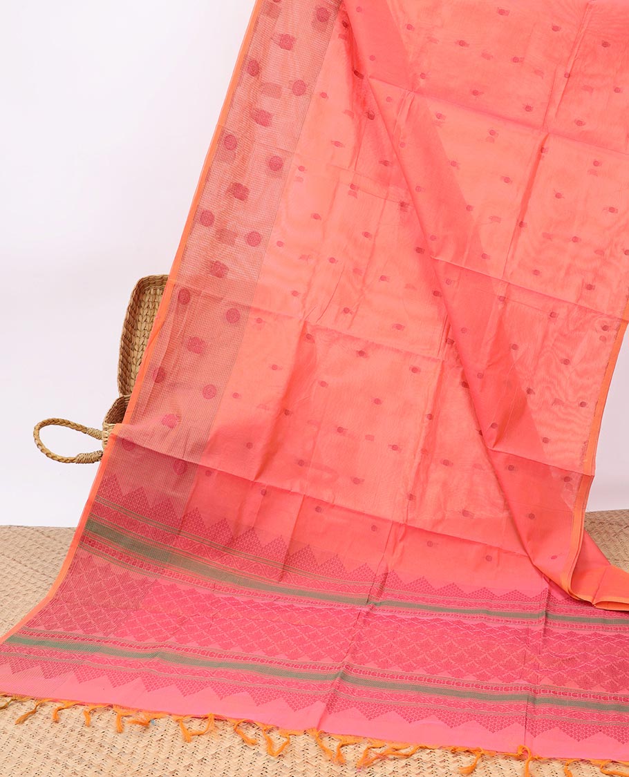 Pink buttas Coimbatore cotton saree, peacock & chakram motifs border & jaal pallu