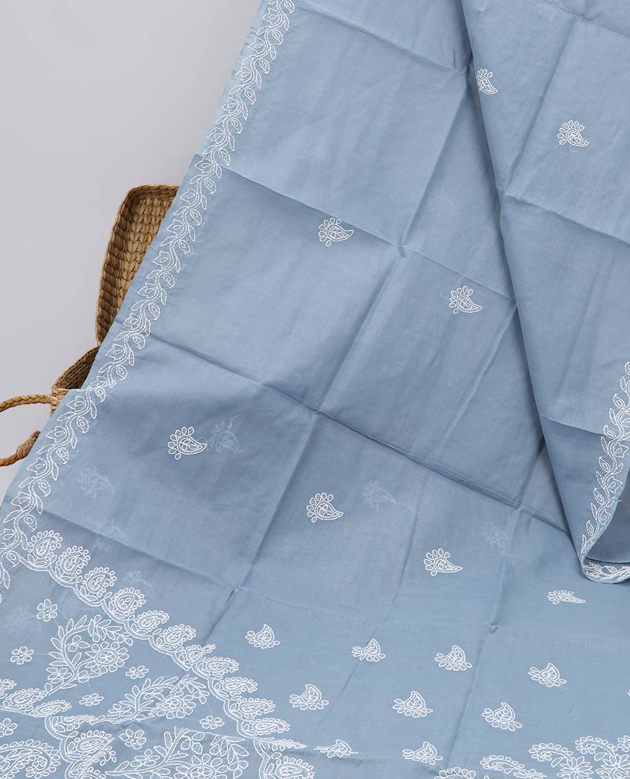 Grey paisley embroidered lucknowi chikankari cotton saree with flower vine border & floral, paisleys embroidered pallu